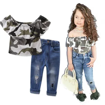 

Girl Clothing Set Camouflage Raglan Sleeve Top T-shirt + Jeans 2pcs Girls Worn long cowboy pants Clothes fashion Suit size 1-7Y