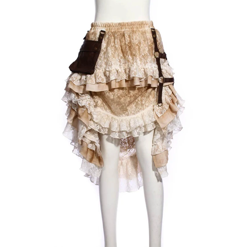 Винтажная белая и кофейная кружевная стимпанк Готическая Высокая Низкая Irrugular юбка с воланом SP167WI