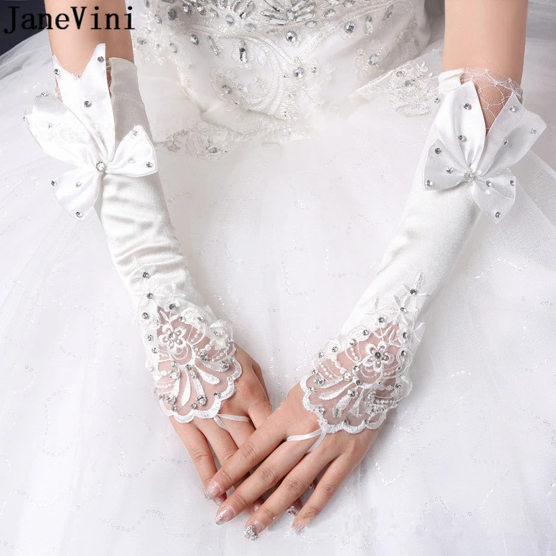 JaneVini 2019 Fashion White Long Wedding Bridal Gloves Fingerless Bow Beaded Opera Length Satin Gloves Women Wedding Accessories