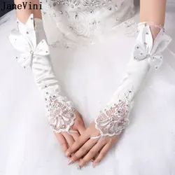 JaneVini 2019 Модные Белые Длинные свадебные перчатки без пальцев лук бисером Опера Длина атласные перчатки женские свадебные аксессуары