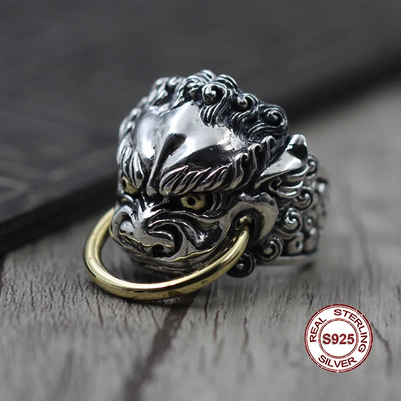 

S925 Sterling Silver Men's Ring Personality style classic retro simple Domineering lion opening shape Send a gift to love