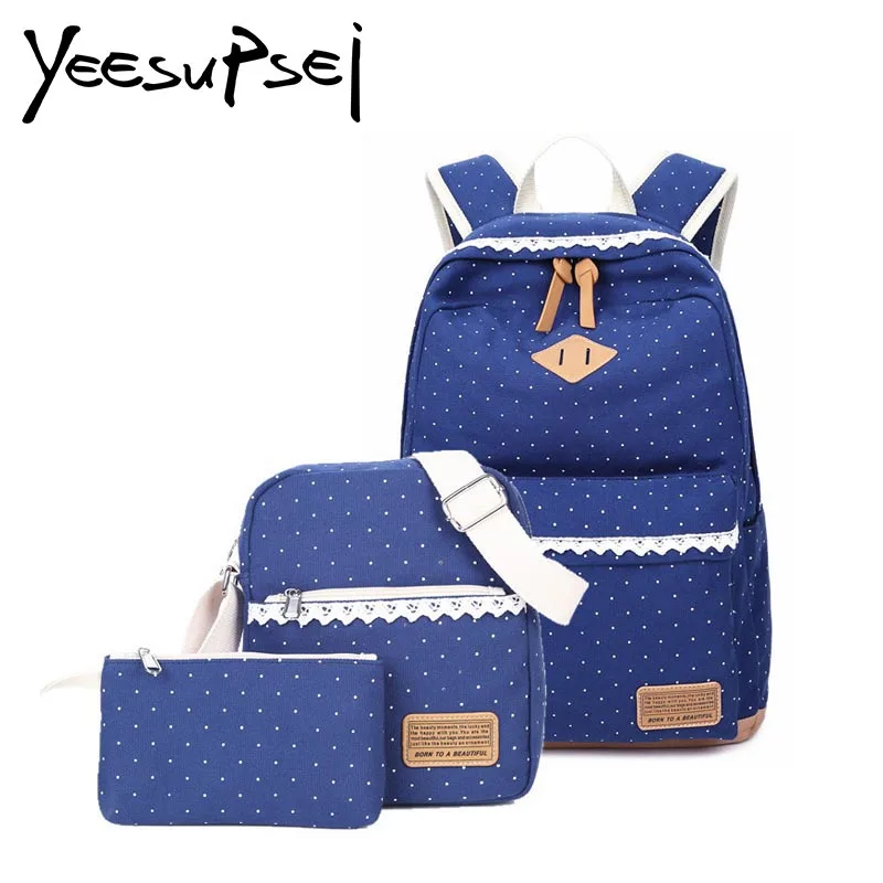 

YeeSupSei School Bag Three-piece Waterproof Solid Color Canvas Backpack Dot Children Primary School Bag Large Mochilas Rucksack