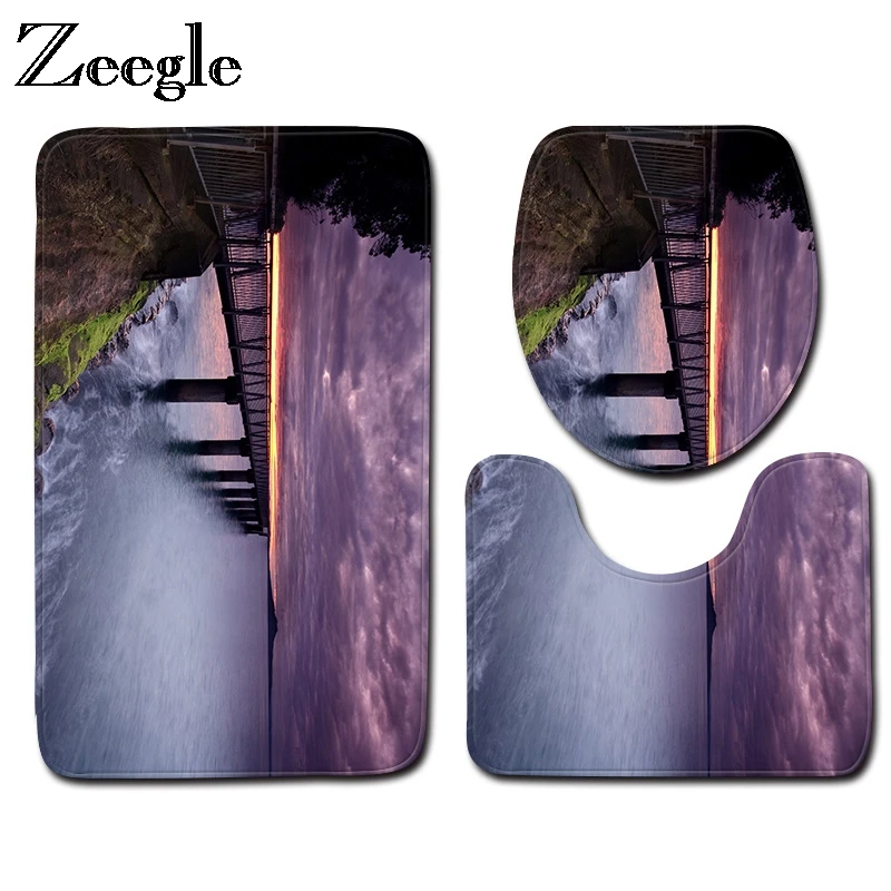 Zeegle Landscape Printed 3pcs/set Bath Mat Set Anti-slip Bathroom Floor Mats Toilet Rugs Flannel Bathroom Mat Set Bath Rug Set