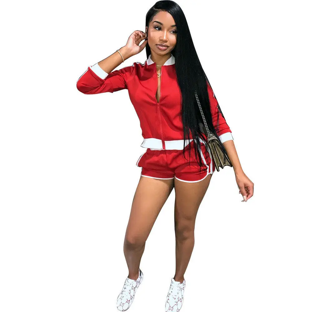 

Women Fashion Long Sleeve Zipper Coat Side Stripe Short Tracksuit Casual 2pcs
