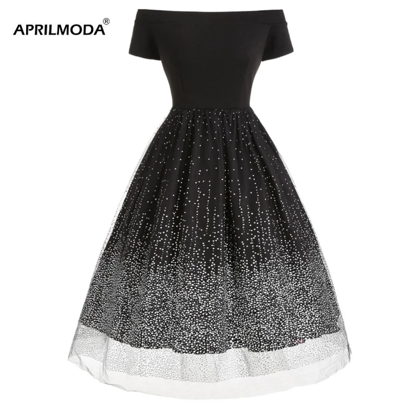 

2019 Luxury Gradient Black Party Dress Gothic Off Shoulder Starry Sky Runway Slash Neck Tulle Retro Vintage Office Swing Dresses