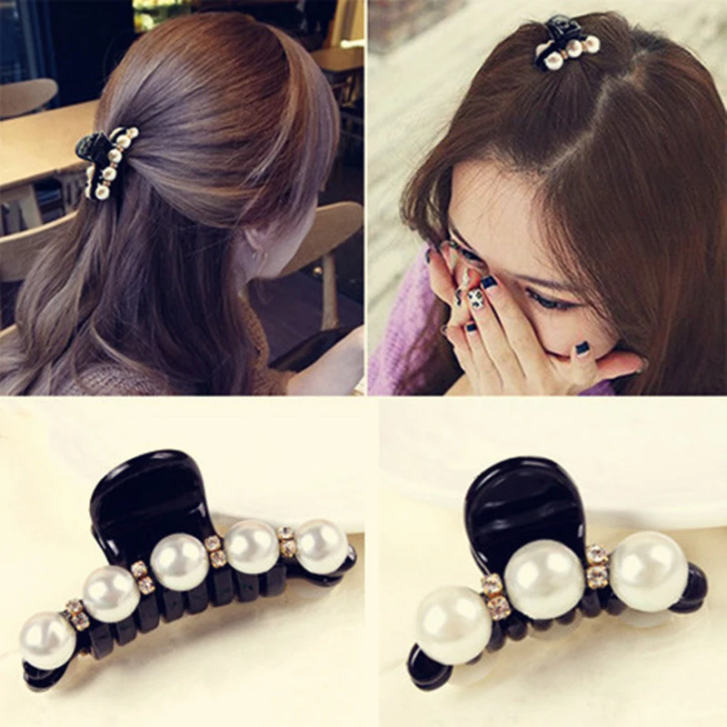 1Pc Black Hair Claw Clip Crystal Pearl Plastics Hair Clip For Women Two