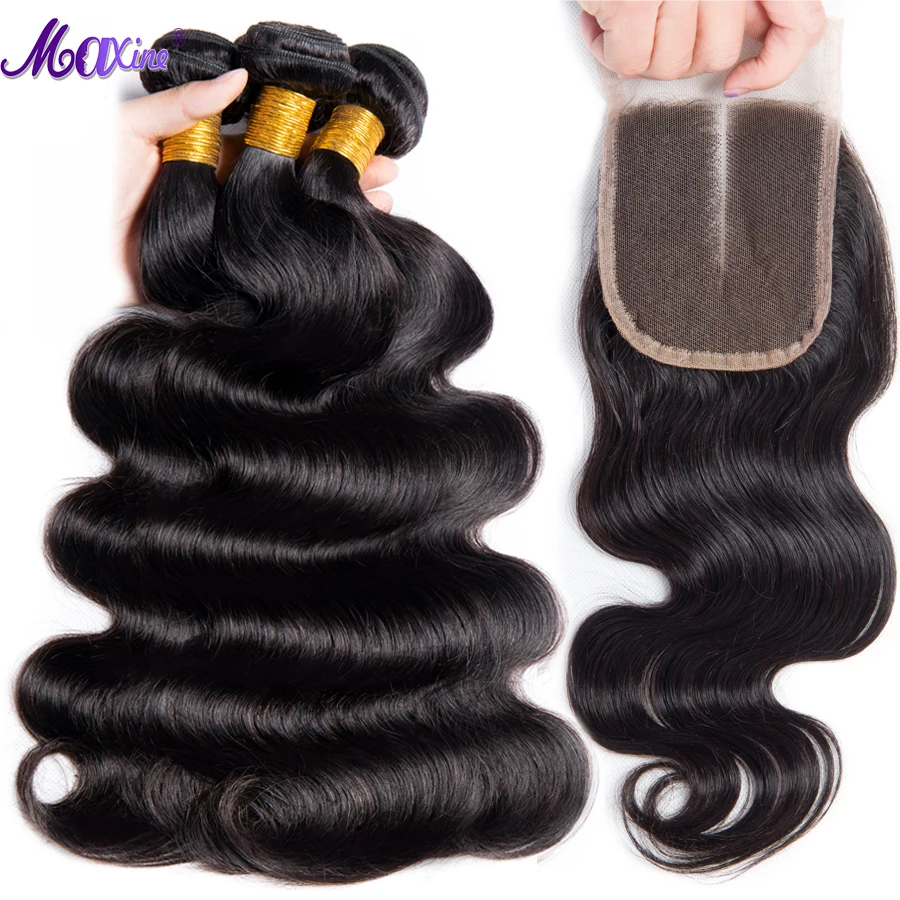 comprar Onda Do Corpo brasileiro Com Feixes de Fechamento 3 Maxine Pacote Tecer Cabelo Não Remy 4 pçs lote 100% Feixes de Cabelo Humano Com fechamento rendas