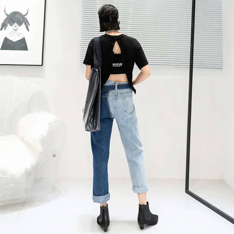 [EAM] New Spring Fashion High Waist Patchwork Hit Color Detachable Blue Jeans Straight Denim Pants Women SC08