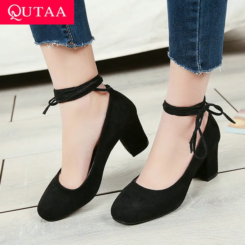 QUTAA Women Shoes Round Toe Pu Leather Square High Heel Platform Lac Up Shallow Women Pumps Ladies Pumps Size 34-43