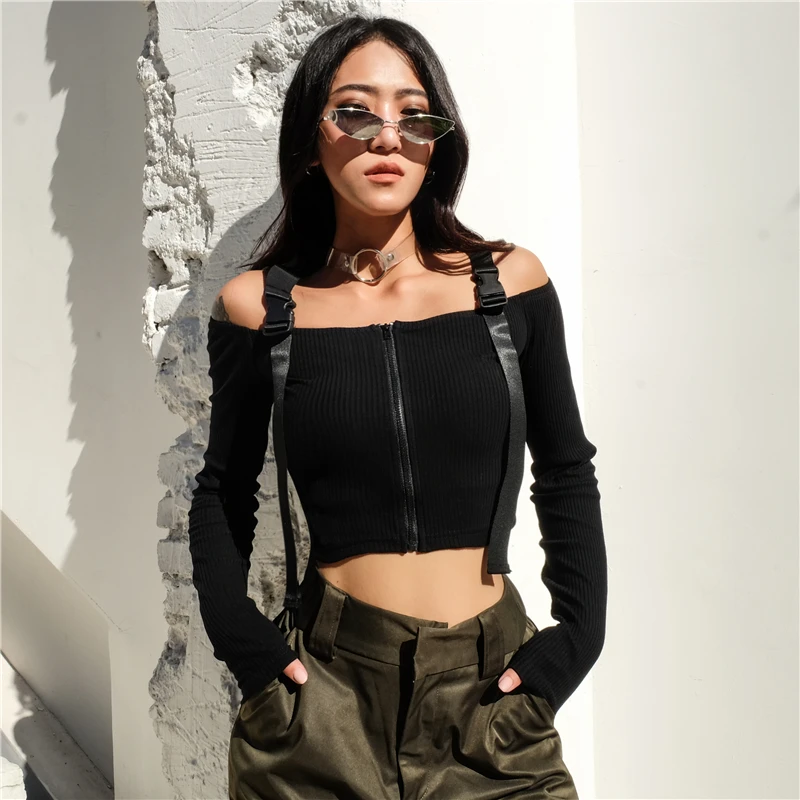 Darlingaga Fashion off shoulder autumn female t-shirt slim basic belt crop top streetwear 2018 sexy t shirt tees zipper clothing Tops