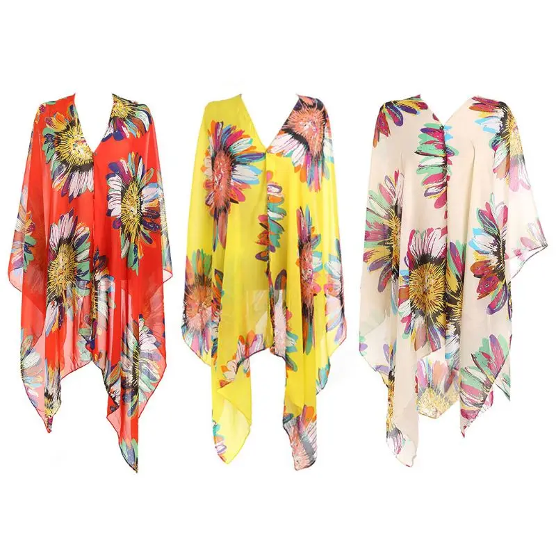 

Women Pullover Square V-Neck Swimsuit Cover Up Bohemian Rainbow Large Sunflower Printed Chiffon Cape Shawl Oversized Loose Kimon