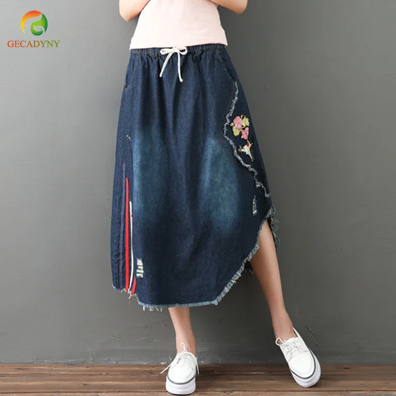 Free Shipping New Fashion Summer Denim All-match Vintage Jeans Long Maxi Skirt Embroidery For Women M-L Two Way to wear