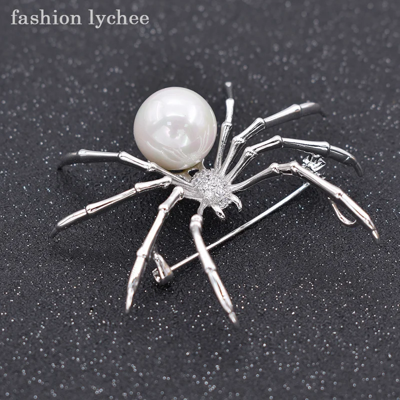 

fashion lychee Exaggerated Antique Silver Color Brooches Pins Artificial Pearls Body Pave Head Spider Women Pins