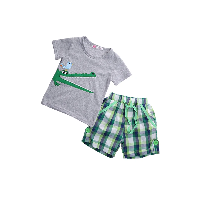 

2017 Casual Lovely Infant Baby Boys Short Sleeve O-Neck Pullover Cartoon Grey Shirt Tops Green Plaid Shorts 2PCS Outfit Summer