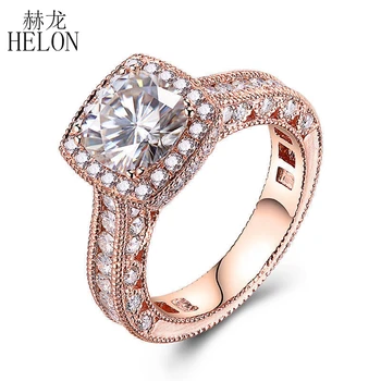 

HELON Sold 10k Rose Gold Flawless 7x7mm Cushion 1.5CT White Topaz Full Natural Diamonds Gemstone Engagment Wedding Vintage Ring
