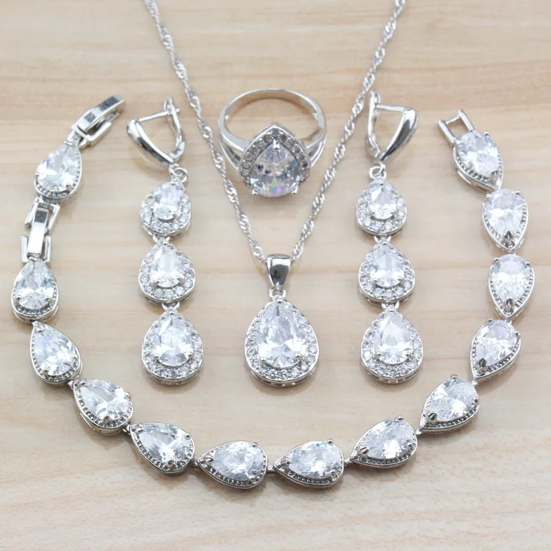 

925 Sterling Silver Dubai Bridal Wedding Costume White Zircon Water Drop Jewelry Sets For Women And Independent Jewelry Box