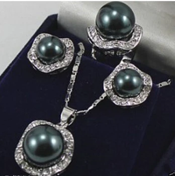 

Fashion jewelry Silver Black Shell Pearl Pendant Earring Ring Set