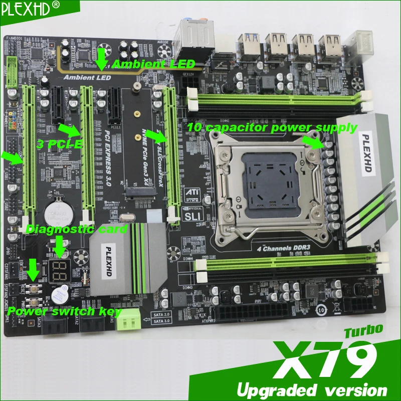 PLEXHD X79 Turbo материнская плата LGA2011 ATX combos E5 1650 C2(4 шт. x 4 Гб) 16 Гб 1600 МГц PC3 12800R PCI-E NVME M.2 SSD USB3.0 SATA3