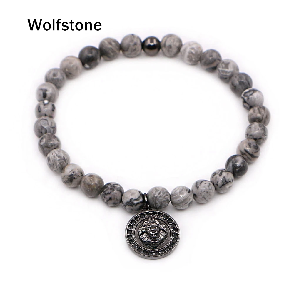 Wolfstone Природа серый каменный Бусины браслет Micro Pave CZ Лев Шарм Подвеска Упругие