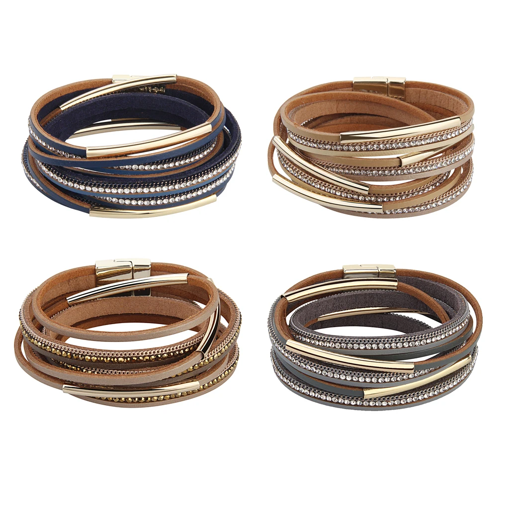 Women Rhinestone Wide Multilayer Leather Bracelet Bohemian Wrap