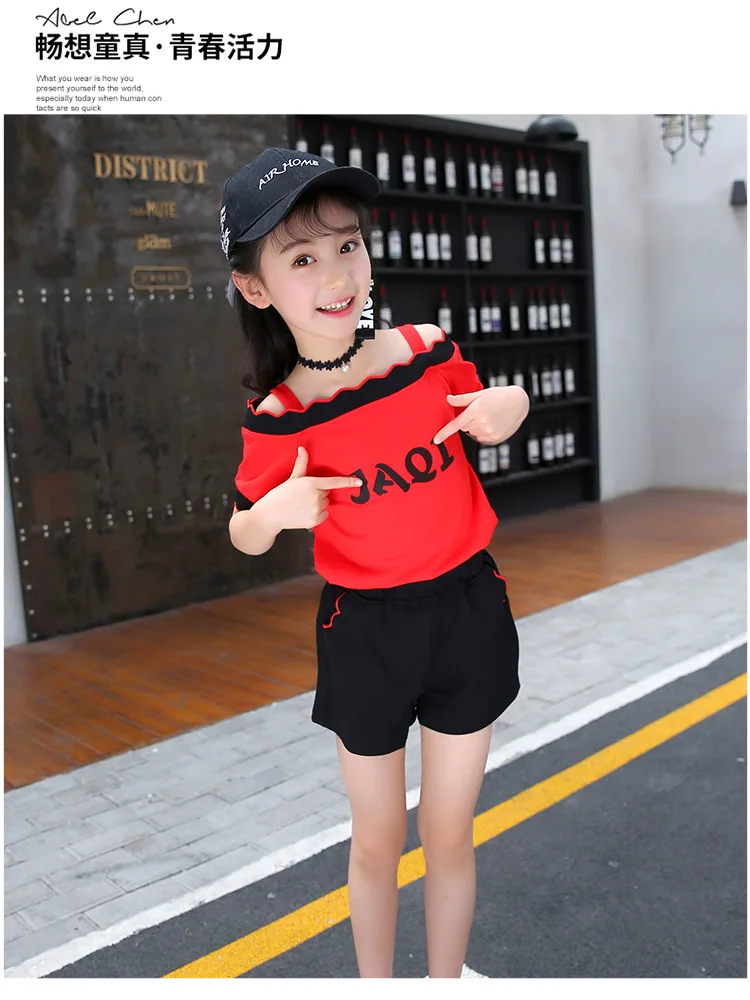 Cute Casual Teenage Clothes For Girls Clothing Sets 2019 Summer Children Shoulderless Letter Tshirt Tops Shorts 2Pcs Kids Suit (9)