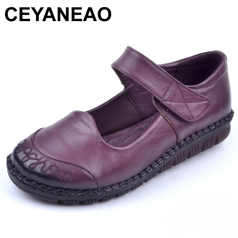 

CEYANEAO2018 Spring Genuine Leather Shoes Woman Retro Embroider Soft Bottom Mary Janes Flats Comfortable Casual Women ShoesE915
