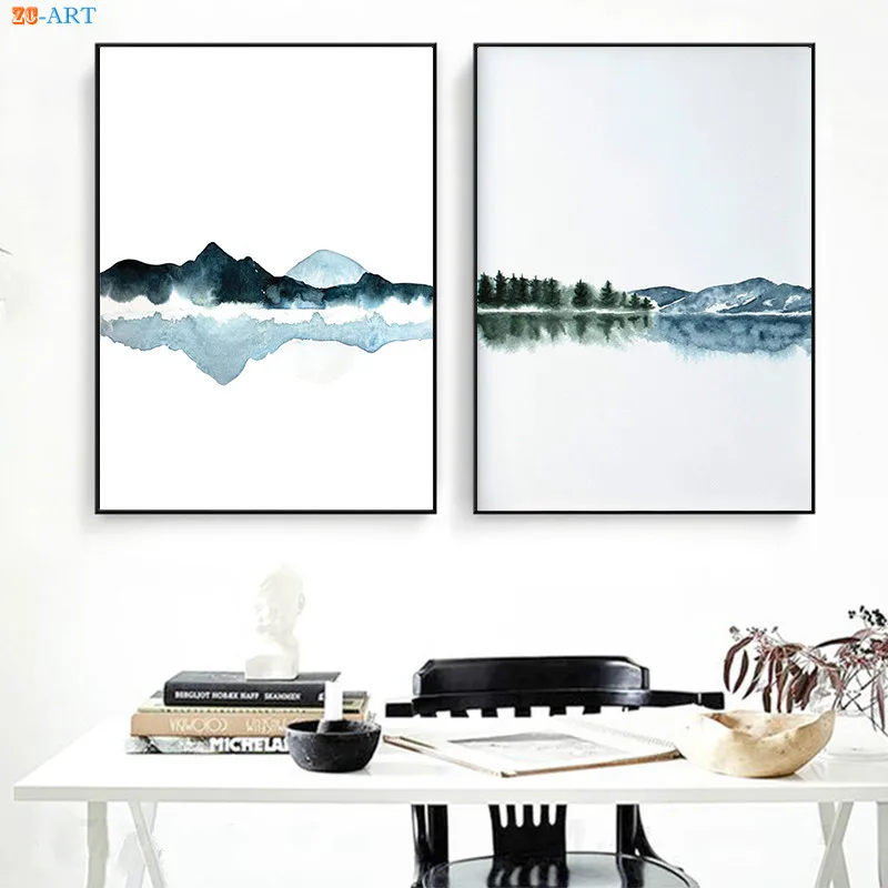 Watercolor Abstract Landscape Canvas Painting Posters and Prints Navy Blue Wall Art Wall Pictures for Living Room Decorative