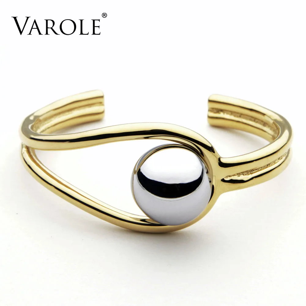 VAROLE Double Line Big Ball Cuff Bracelet Bangle For Women Manchette Gold Color Bracelets Stainless Steel Metal Bangle Pulseiras double layered bangle bracelet