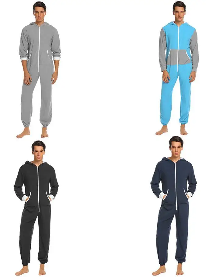 Ekouaer Мужская Пижама onesies пижамы флисовые с капюшоном с длинным рукавом на молнии пэчворк плюс размер цельная Пижама пижамы S-XXL