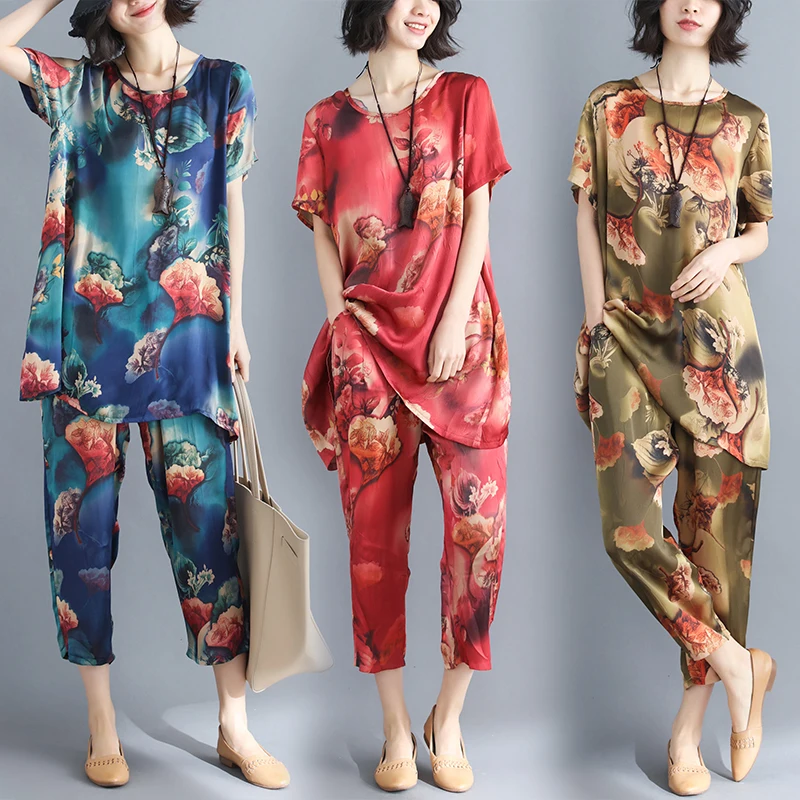 

Summer Female Loose Suits New Arrive Large Size Women's Smooth Silky Print Short Sleeve Thin Two Pieces Suits