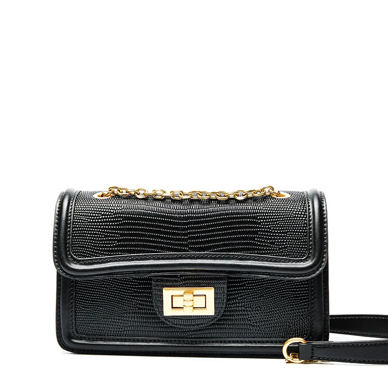 black Chains Bags New Flap Genuine Leather Handbag Ladies Shoulder Bag Women Satchel Messenger Crossbody Bags Anti-theft Lock Bag - Цвет: black