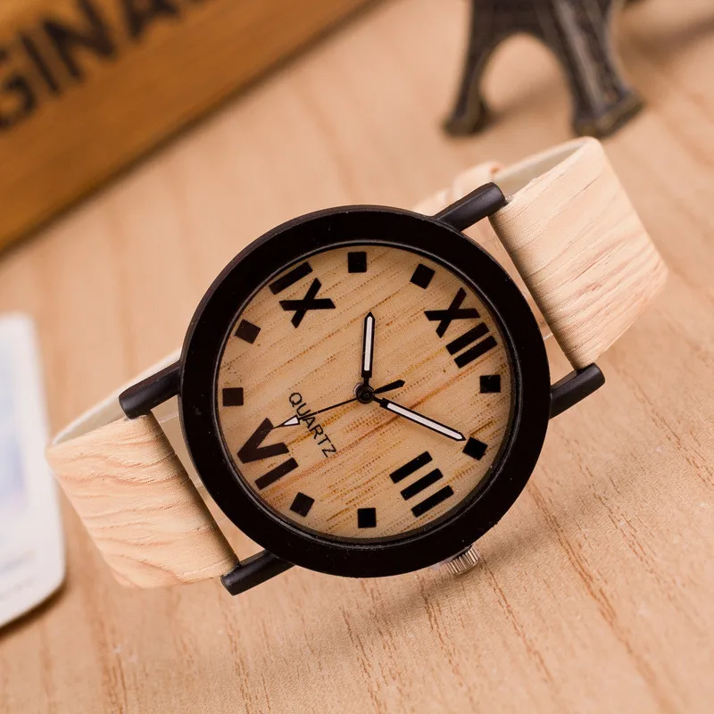 

Retro Wood Grain Women Men's Wristwatch Casual PU Leather Quartz-Watch Relogio Masculino Roman Numerals Dial Watches Men Clock