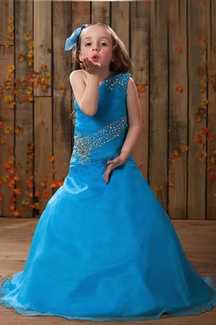 Cheap Beading Draped Style Dress Glitz One Shoulder Crystal Vestidos Daminha Little Girls Blue Gown Gorgeous Baptism Pageant Dresses
