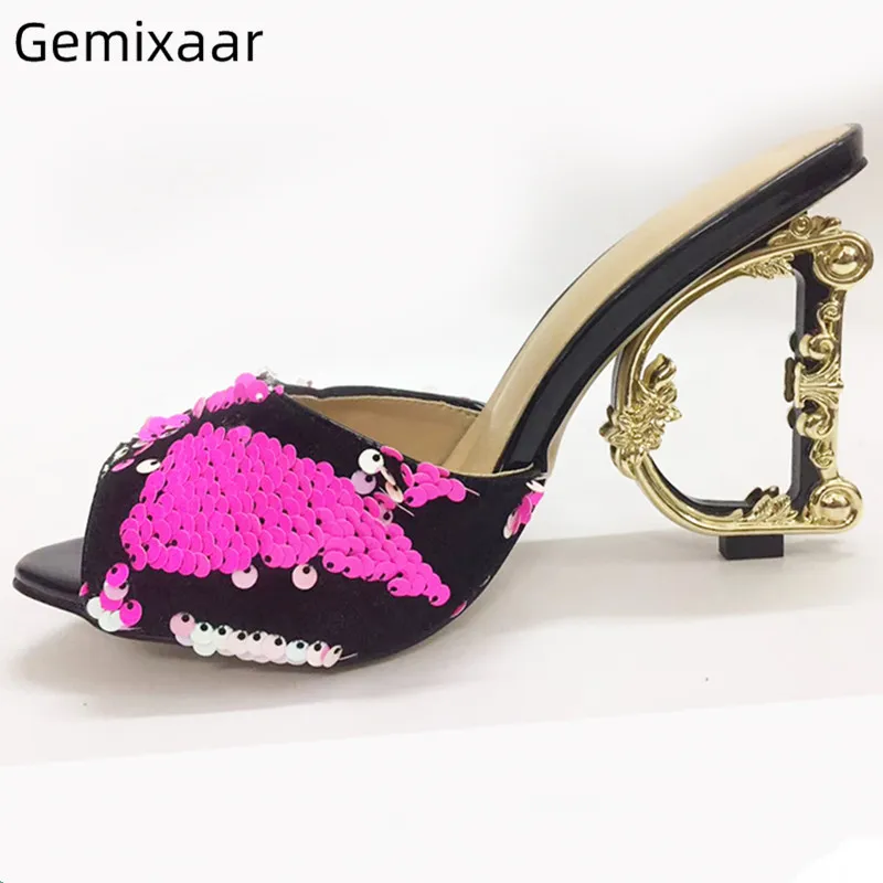 

2019 New Bling Woman Slippers Peep Toe Sexy Slim Shallow Unique Letter High Heel Party Slides Chic Rose Sequines Woman Slippers