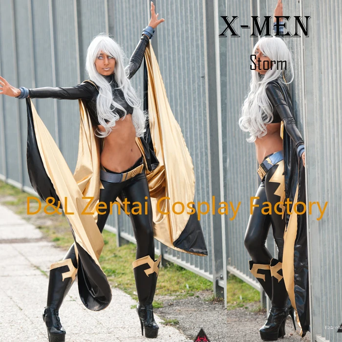 DHL X-men Storm Ororo Munroe костюм супергероя черный и золотой блестящий металлический костюм Хэллоуин Косплей Костюм XM111