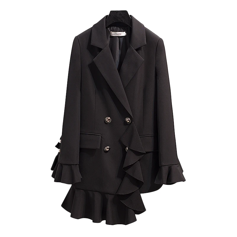 Женский ассиметричный пиджак с карманами, двубортный, с оборками, с длинным рукавом, офисное пальто, однотонная женская повседневная
