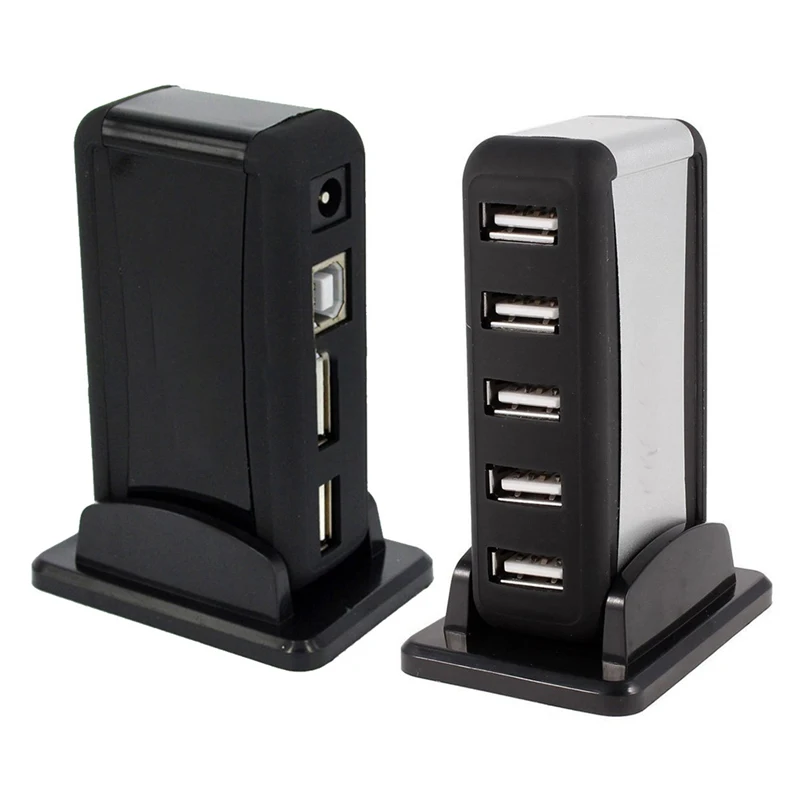 Black Silver Color 7 Port USB 2.0 HUB With AC Adapter Extension