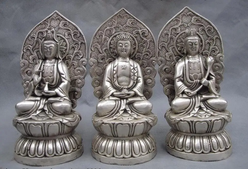 

8 Tibet white Copper silver Three Saints of the West Kwan-Yin buddha Statue Set