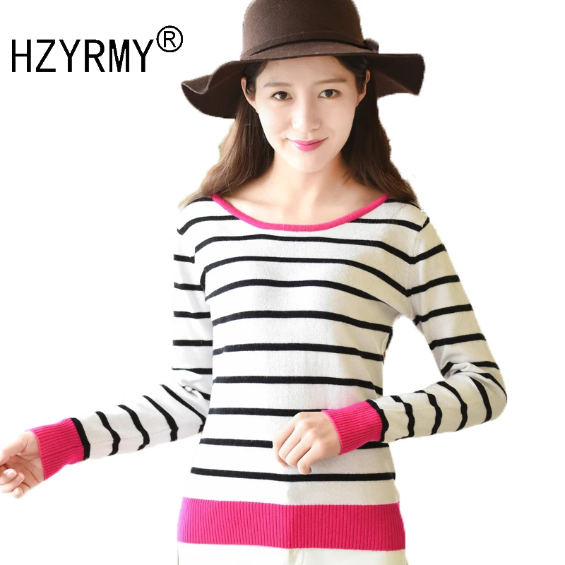 Hzyrmy Демисезонный Новый Для женщин кашемировый свитер с круглым вырезом Модные Цвет Блок рубашка в полоску из мягкой шерсти вязать пуловеры