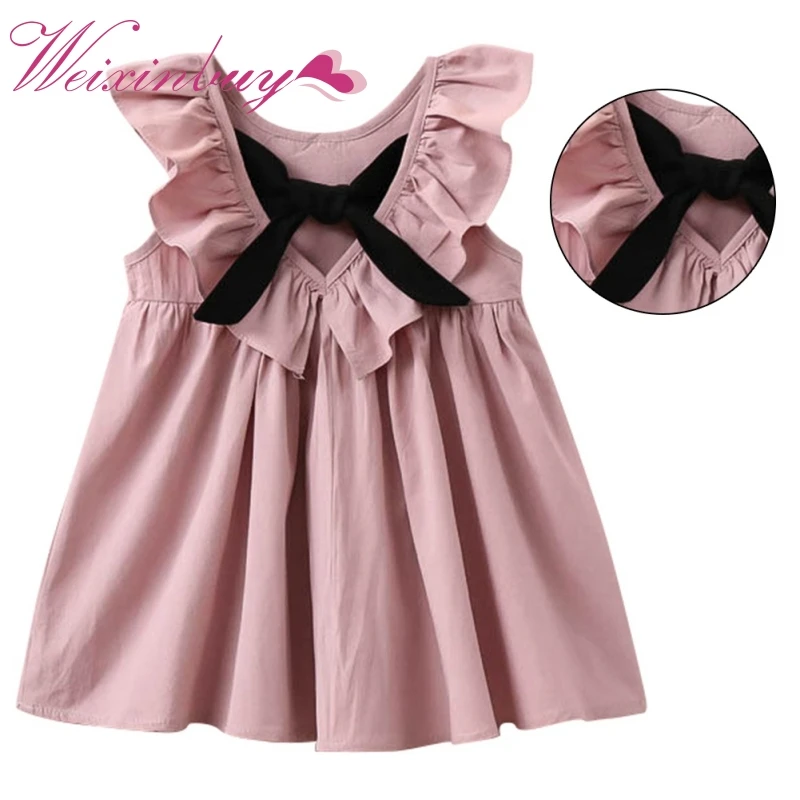 Fashion Cute Fly Sleeve Girls Bow Dress Children Party Sundress Summer Clothing