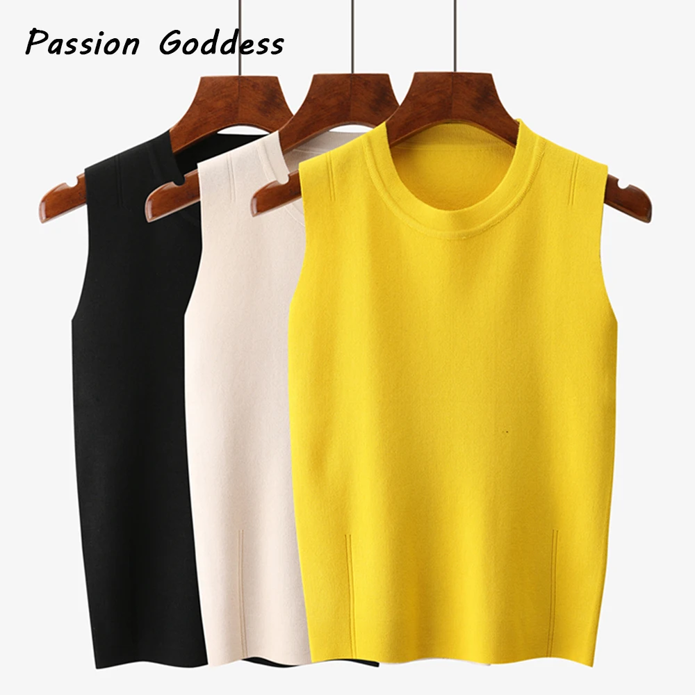 Korean Style Tanks Top Women Knitted Tanks High Collar Sleeveless Cute