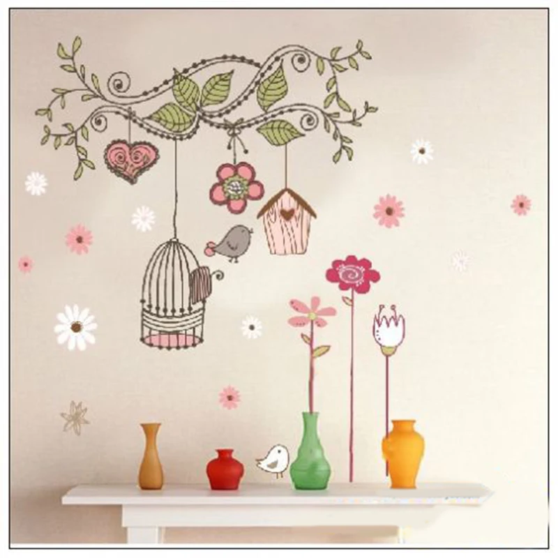 

Colorful European Style Flower Vine and Birdcage Wall Stickers High Quality Removable DIY Wall Sitcker Home Decor Decals