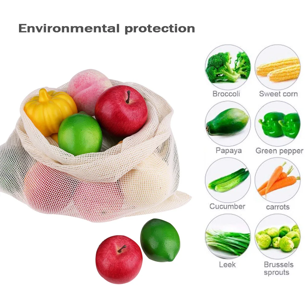 Многоразовые мешки для производства, 3 разных размера, натуральный хлопок, экологически чистые, перерабатываемые, моющиеся хозяйственные сумки для фруктов, овощей, игрушек