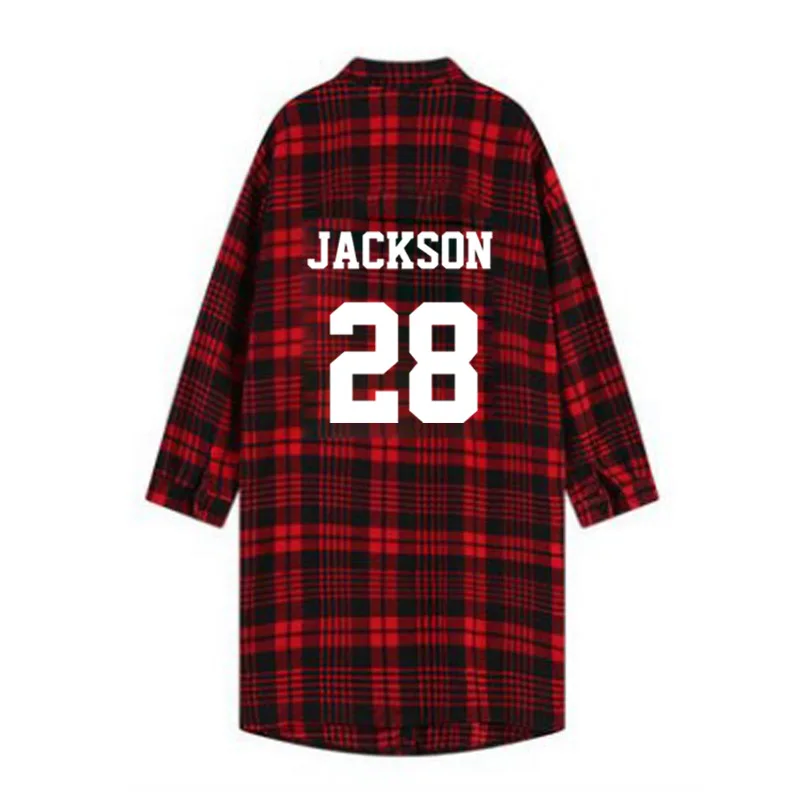 

kpop got7 harajuku long section of the Spring Autumn plaid dress shirt jacket k-pop got7 collective red plaid long-sleeved shirt