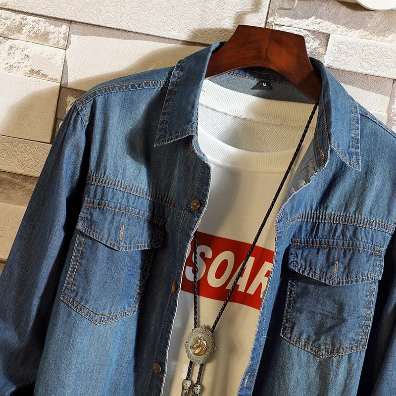 Denim shirt men s spring and summer denim shirt thin section men s slim solid color simple washed long-sleeved denim shirt Denim shirt men s spring and summer denim shirt thin section men s slim solid color simple washed long-sleeved denim shirt