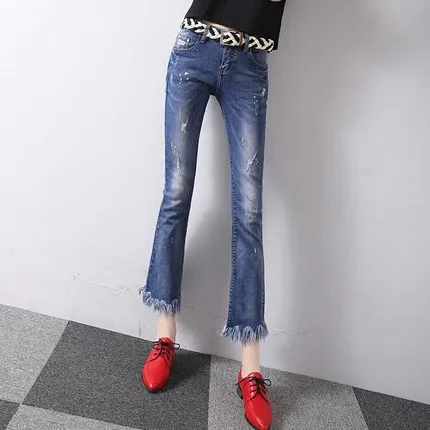 2016 spring and summer edges nine points jeans female Weila Slim thin tassel horn wide leg