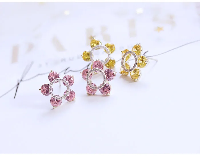 Модные серьги-гвоздики с пятью розовыми камнями в виде маленького цветка, серьги с желтой звездой из кубического циркония, Женские Ювелирные изделия, милые