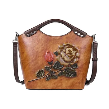 

Vintage Embossed Handbag 2019 Genuine Leather Women Luxury Top-handle Tote Large Capacity Female Retro Shoulder Bag Green Brown