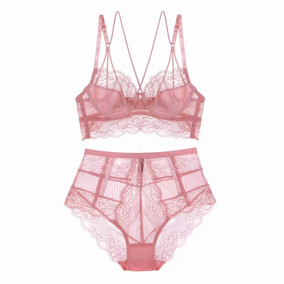 

Sexy Lace Embroidery Lingerie VS Pink Brassiere Bra Ultrathin Underwear Set Plus Size C D Cup Women Transparent Bra Panty Sets