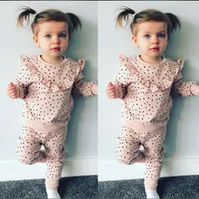 Зимняя одежда для малышей; Рождественская футболка в горошек с оборками для маленьких девочек; топы и штаны; комплект одежды